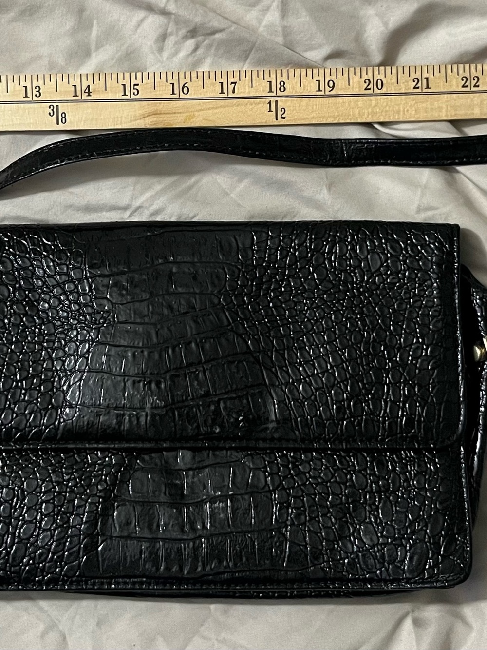 Vintage Black Croc-Embossed Leather Clutch with Suede Interior